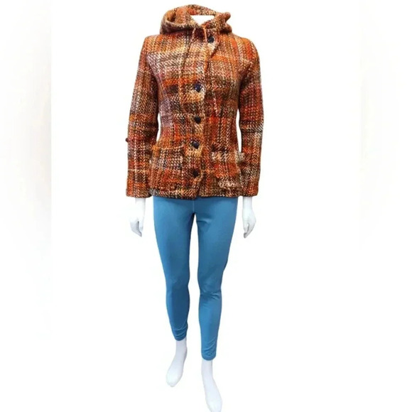 World Folk Art Wool LS Hooded Coat Red, Black And Orange Size  Small - Picture 2 of 9